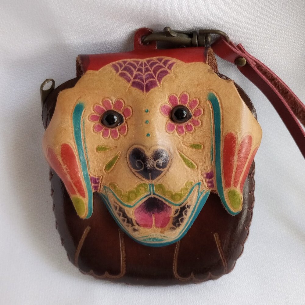 Tooled Leather Dog Face Wristlet Coin Purse